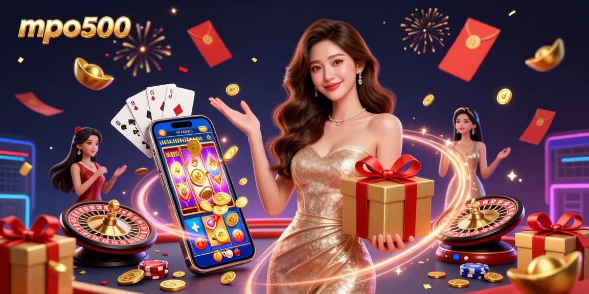 Spin and win with mpo500, featuring festive Lunar New Year casino elements and lavish game accessories.