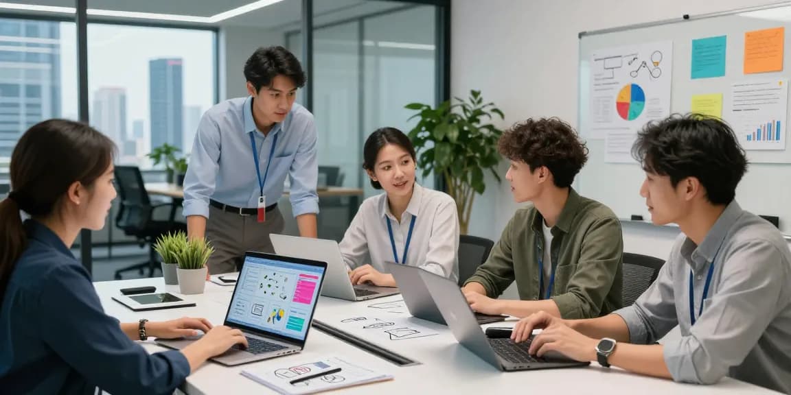 Collaborative team discussing NAGA2000 strategy in a modern office
