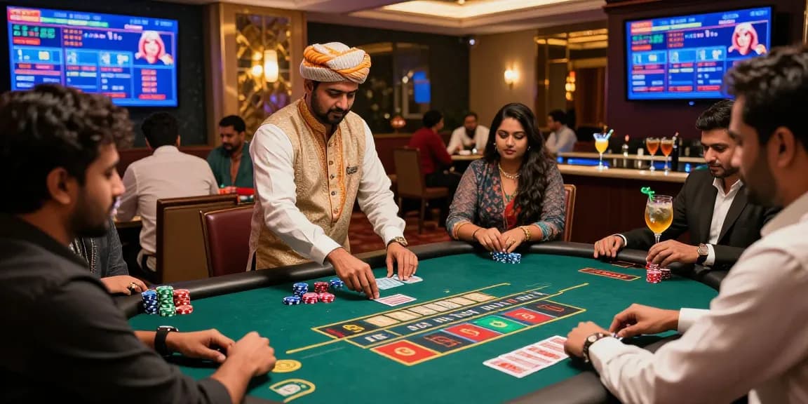Exciting Andar Bahar casino game scene with dealers and players enjoying real-time action, showcasing vibrant atmosphere and betting dynamics.