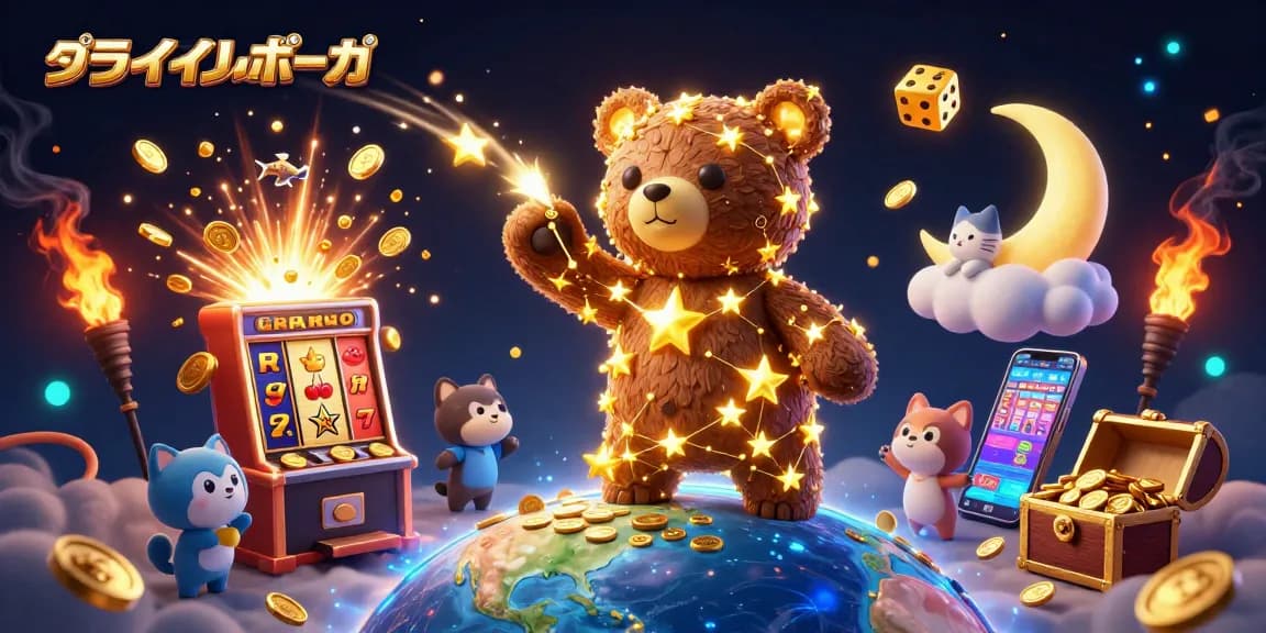 オンラインポーカーで遊び、星のクマがコインを集めるシーンを描いたイラスト。