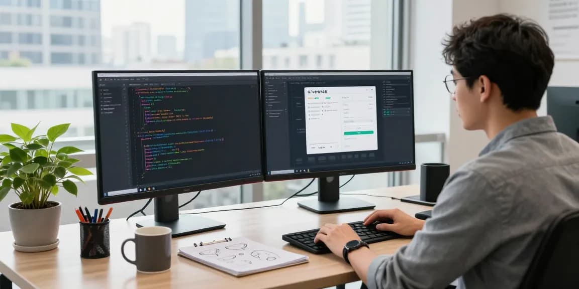 Developer coding 纸飞机中文版 in a modern office workspace with dual monitors and city view.
