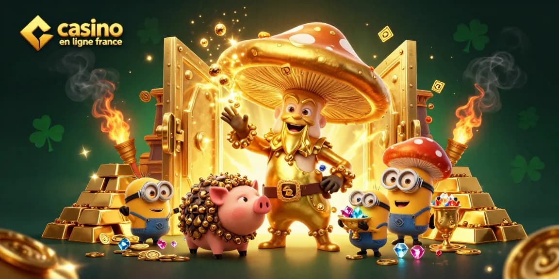 Découvrez le meilleur casino en ligne France avec des jeux dorés et des trésors dans une scène animée.