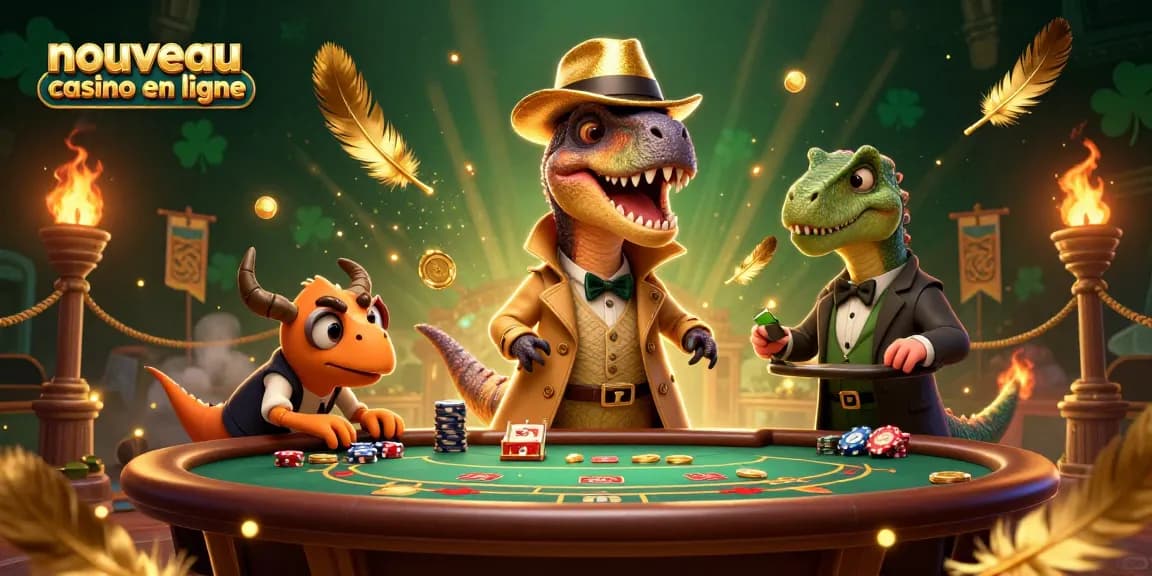 Le nouveau casino en ligne présente une illustration dynamique avec des personnages de dinosaures autour d'une table de blackjack.