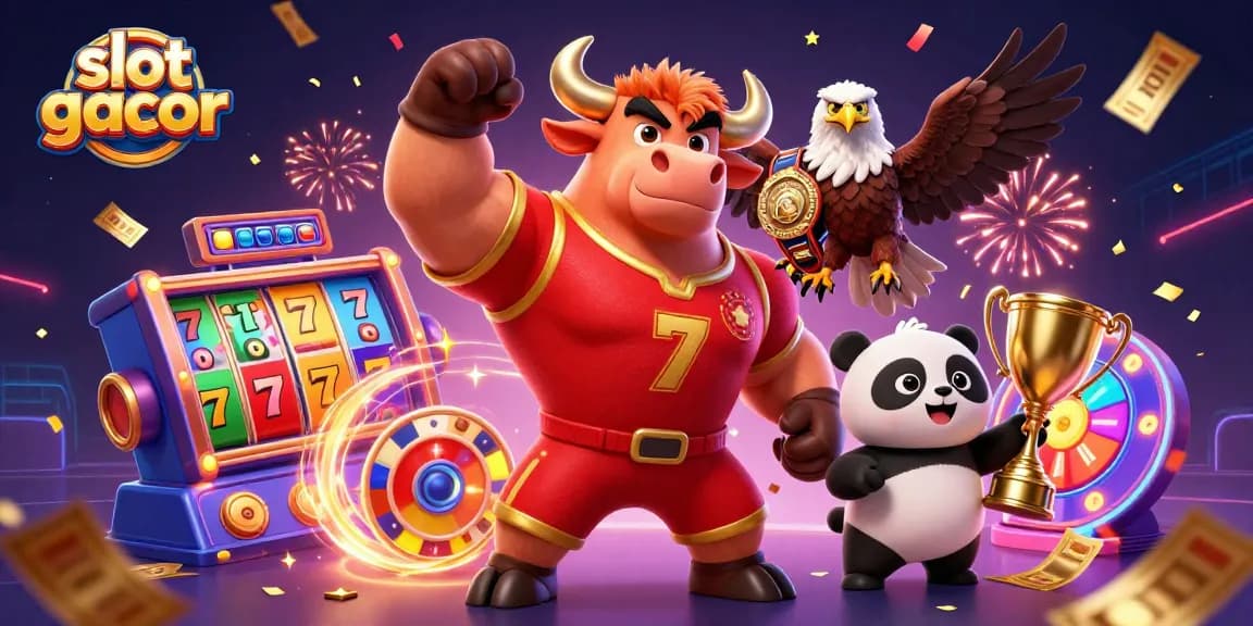 Engage with slot gacor promotions featuring a triumphant bull mascot, captivating reels, and a cheerful panda holding a trophy.