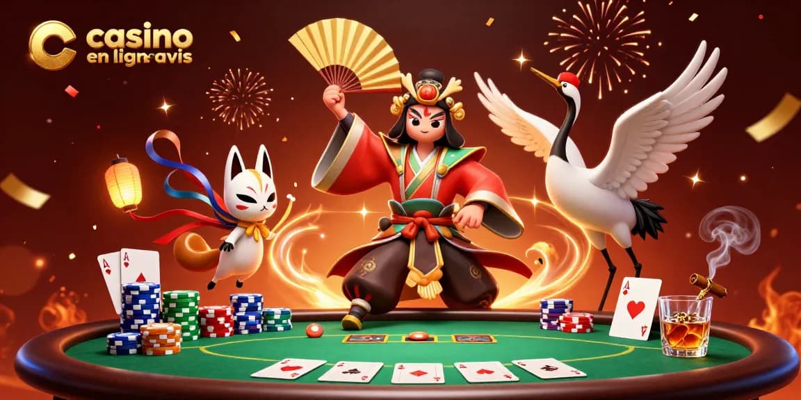 Découvrez le casino en ligne avis à travers une scène dynamique animée avec des éléments de poker.