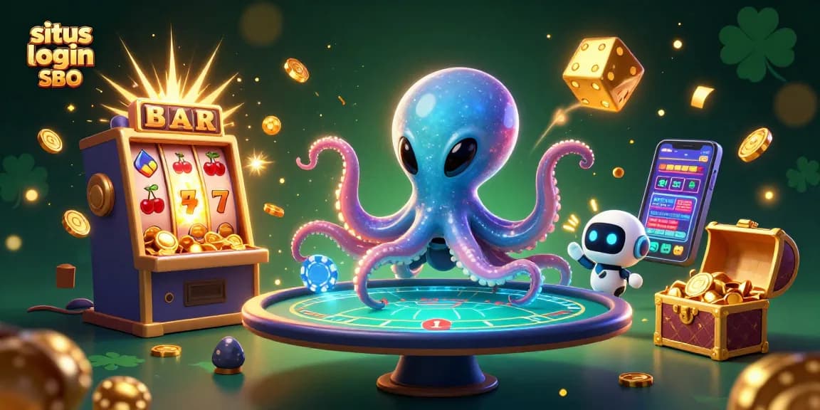 Experience situs login SBO's excitement with a dynamic 3D illustration of alien characters at a holographic table, bursting with casino elements.
