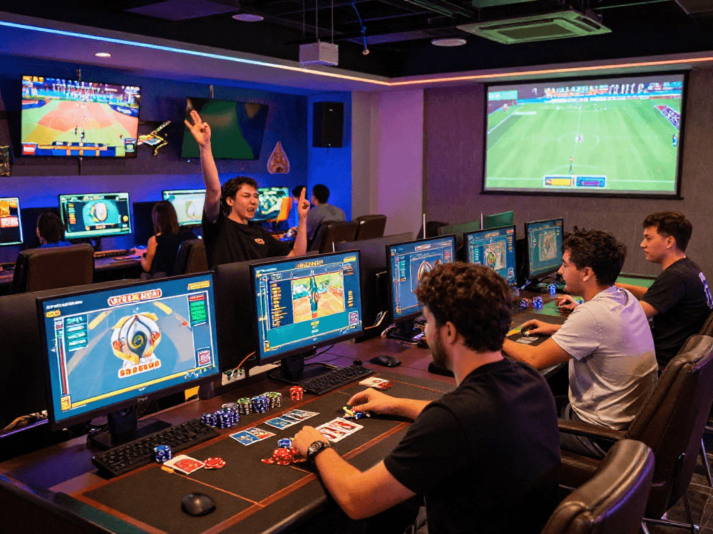 Exciting togel 4D gaming lounge with players celebrating wins and digital screens.