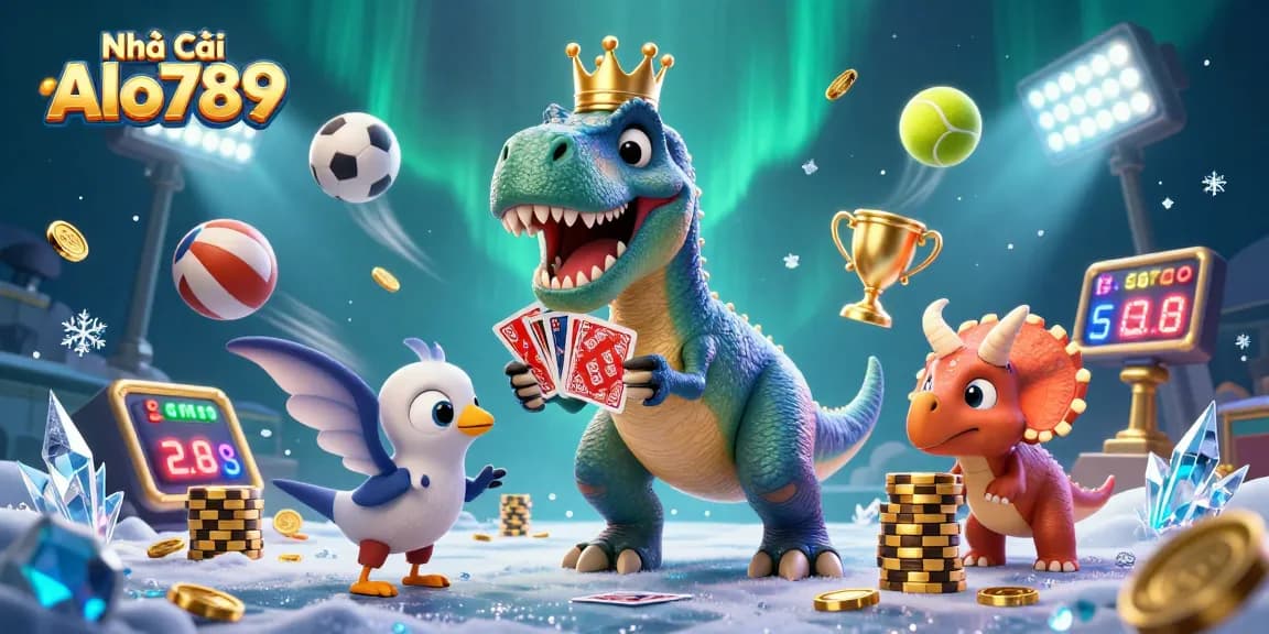 Interactive 3D scene showcasing Nhà Cái Alo789 with playful characters engaging in card games amidst sports elements and coins.