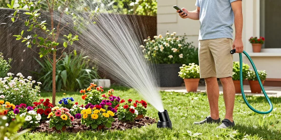 Homeowner adjusting the rainpoint sprinkler timer amidst a blooming garden for efficient plant care.