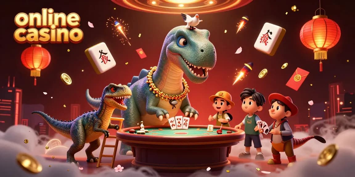Gioca nel miglior online casino con la kart gialla e il tavolo da poker sotto un dinosauro gigante.