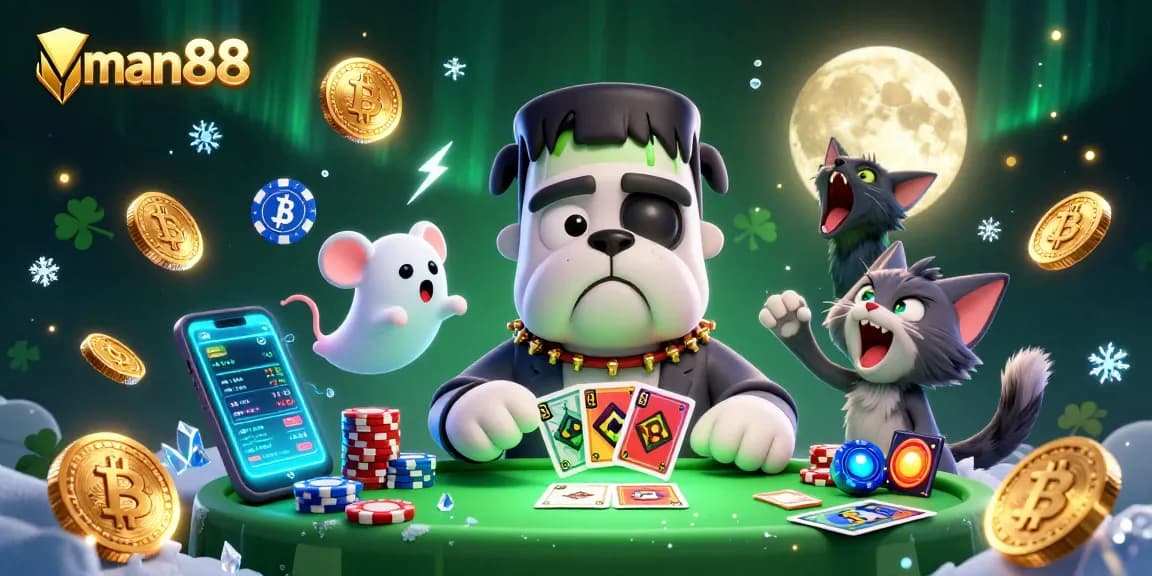 Engage with man88 while winning cards dealt by a Frankenstein bulldog in a vibrant casino scene.