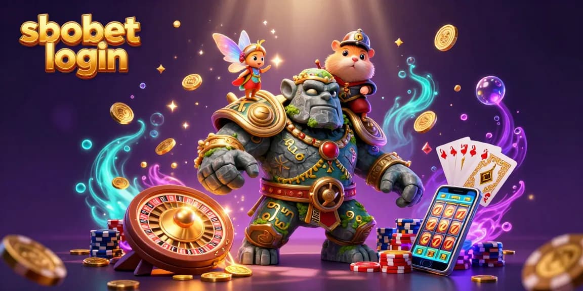Experience sbobet login with a magical gaming scene featuring vibrant characters and exciting casino elements.