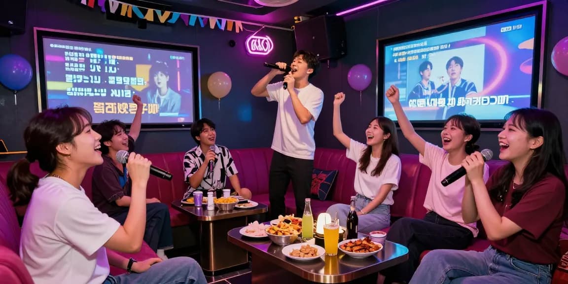 Thrilling 강남노래방 scene with friends singing and celebrating joyfully.