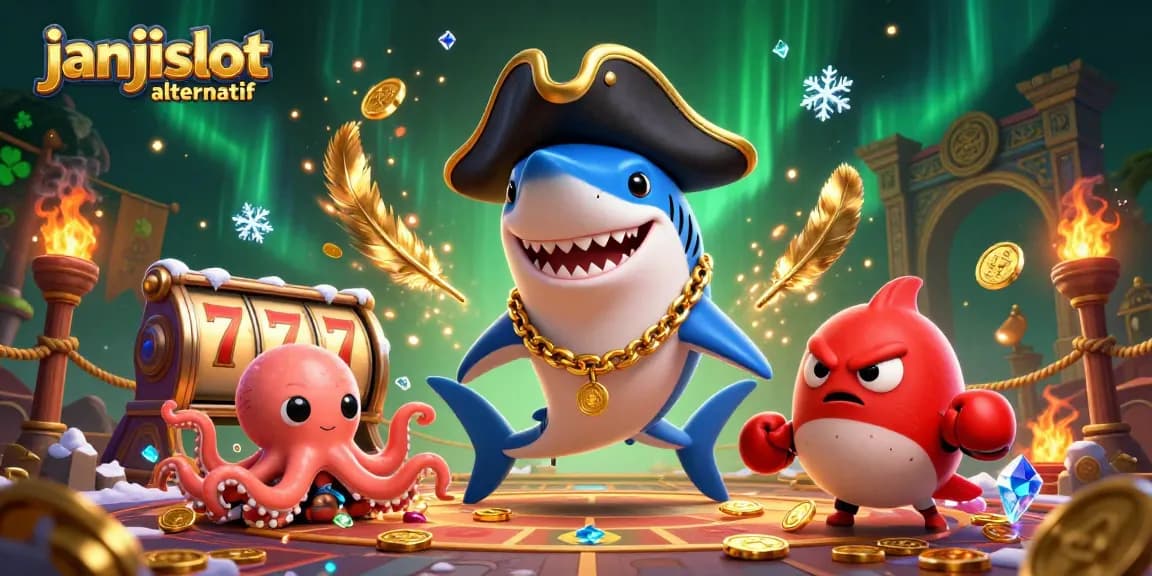 Engage with janjislot alternatif featuring a pirate shark, pufferfish, and octopus amidst dynamic casino elements.