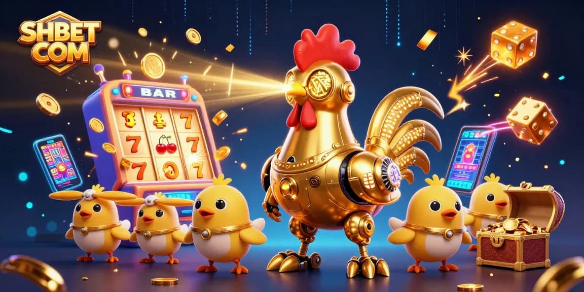 Engage in thrilling gameplay at SHBET COM with a stunning illustration of a golden rooster robot amidst vibrant casino elements.