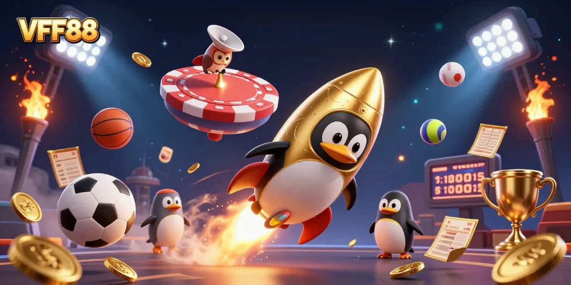 Experience VFF88's exciting gaming adventure as the golden penguin zooms to a casino space station.