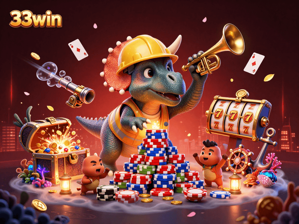 Engage with 33win's vibrant 3D illustration of cartoon dinosaurs celebrating casino wins amidst dynamic game elements.
