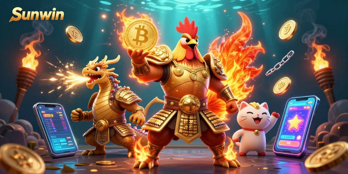 Sunwin engages players with a vibrant 3D illustration of a rooster warrior, dragon hatchling, and fortune cat in a casino ambiance.