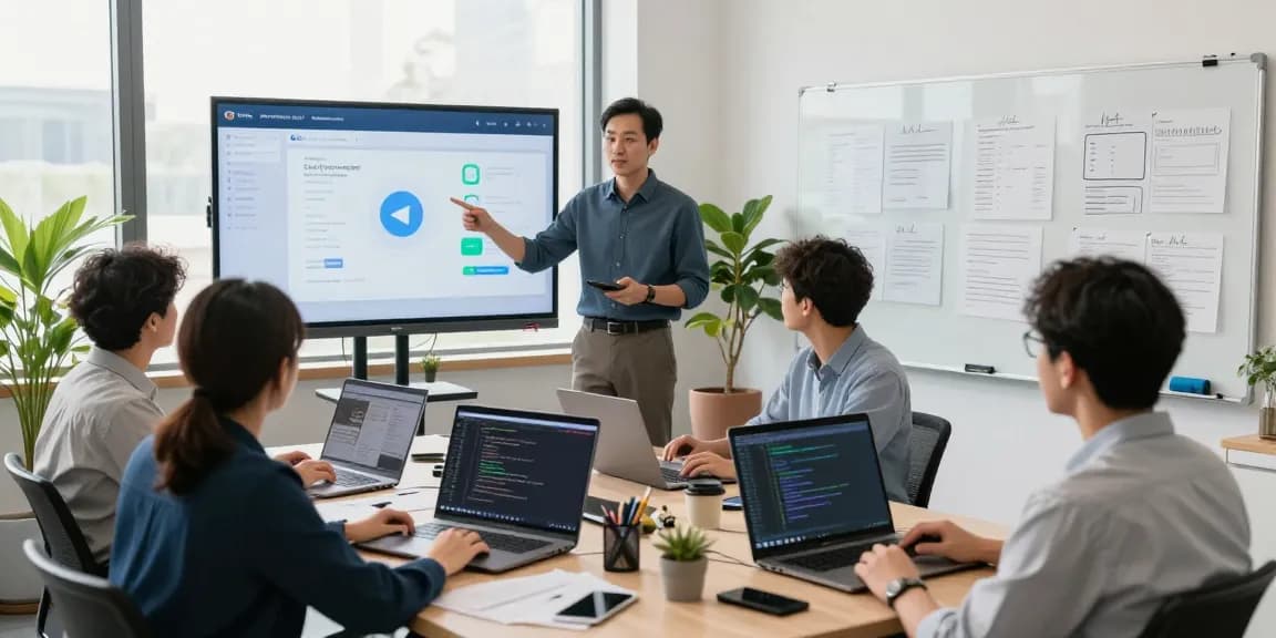 Collaboration on telegram chinese help center at modern office with diverse team engaged in project.