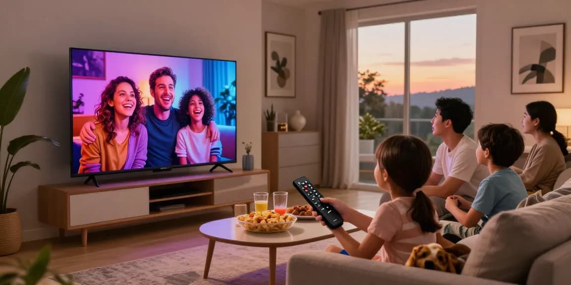 Family enjoying a movie night on the Samsung Micro RGB TV with vibrant colors in a cozy living room.