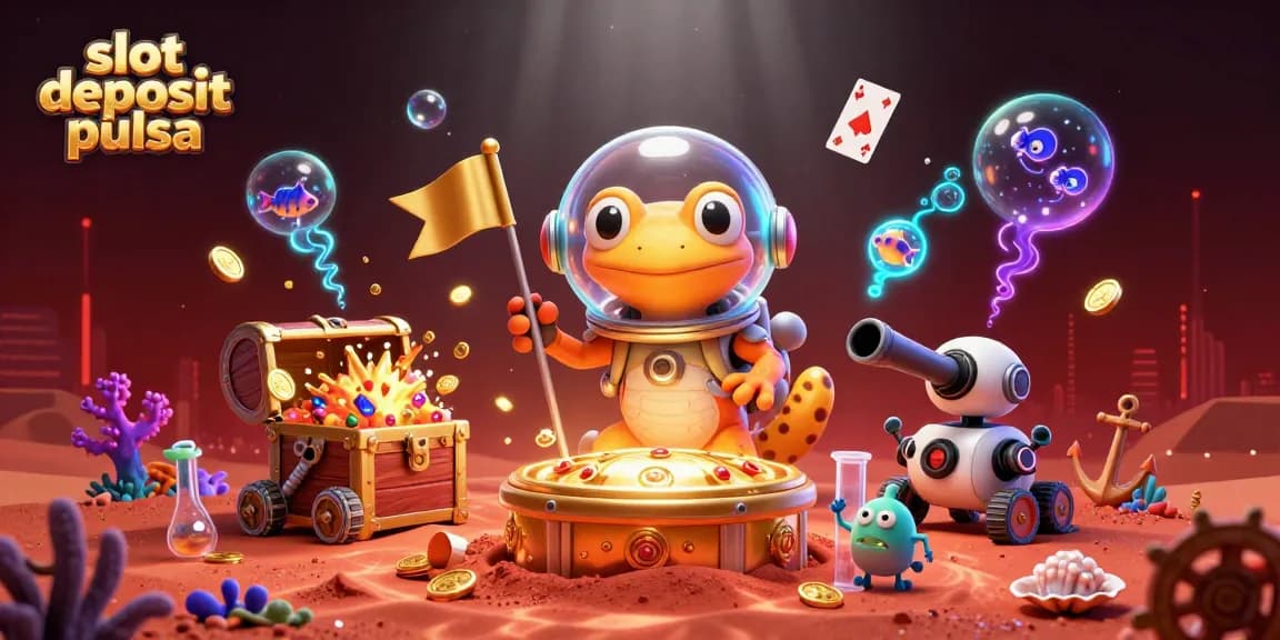 Slot deposit pulsa memperlihatkan ilustrasi 3D penuh warna dari karakter kartun gecko Mars yang menemukan kasino emas.
