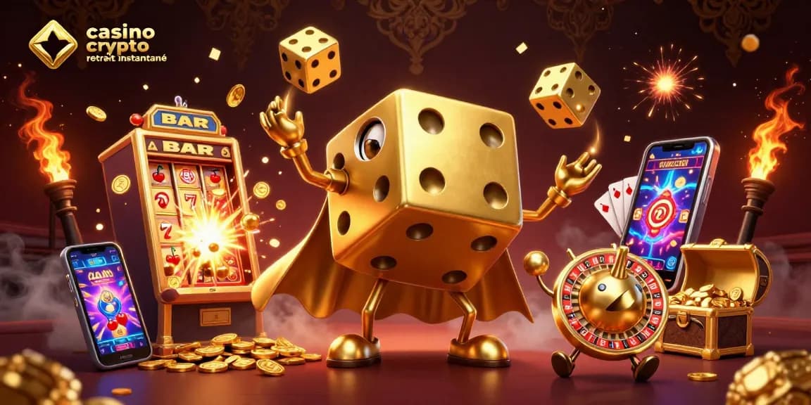 Jouez au casino crypto retrait instantané avec une illustration 3D dynamique et colorée mettant en scène des dés dorés.