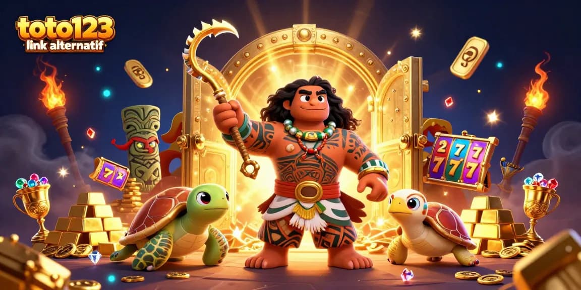 Toto123 link alternatif highlights the thrilling interaction of a demigod hawk and turtle in a vibrant online slots scene.