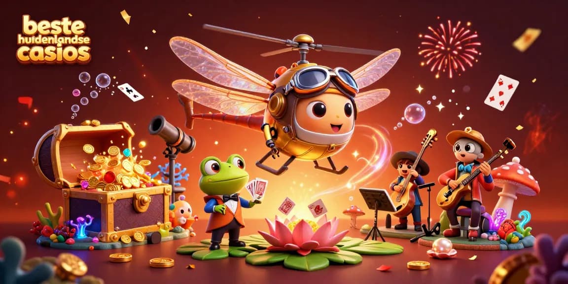 Experience the excitement of beste buitenlandse casinos with this vibrant 3D casino scene, featuring a dragonfly pilot and frog dealer.