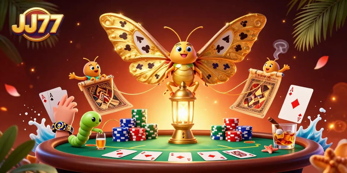Experience the thrilling gameplay of JJ77 with vibrant poker elements and a colorful casino atmosphere.