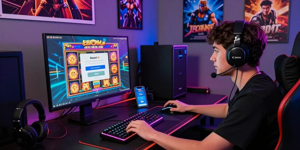 Experience deposit pulsa tanpa potongan while playing slots online, featuring an engaged gamer with colorful gaming accessories.