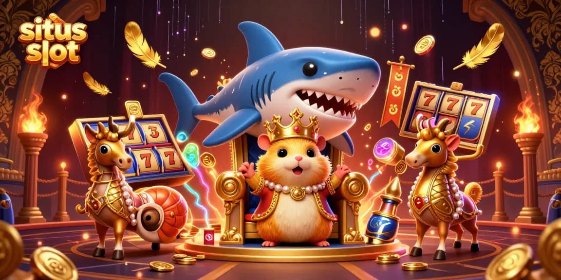 Situs slot menyuguhkan pemandangan kaya warna dengan raja hamster emas di singgasana gigi hiu, dikelilingi elemen kasino menawan.