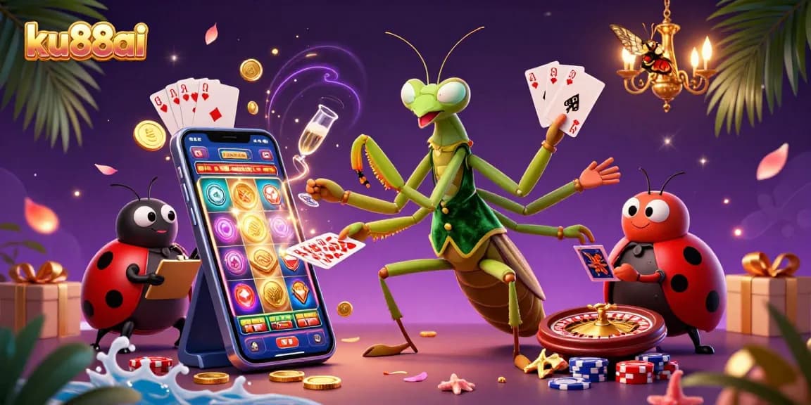 Experience ku88ai's vibrant casino atmosphere with a giant mantis card sharp and ladybug pit boss.