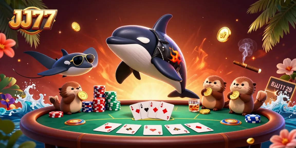 Experience thrilling gaming at JJ77 with a dynamic scene of a whale and otters celebrating victories.