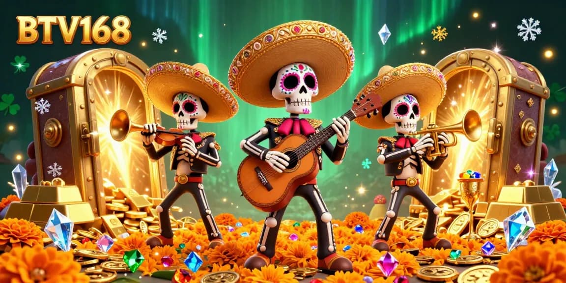 BTV168 offers a vibrant view of a Dia de los Muertos mariachi band amid a treasure-filled casino scene.