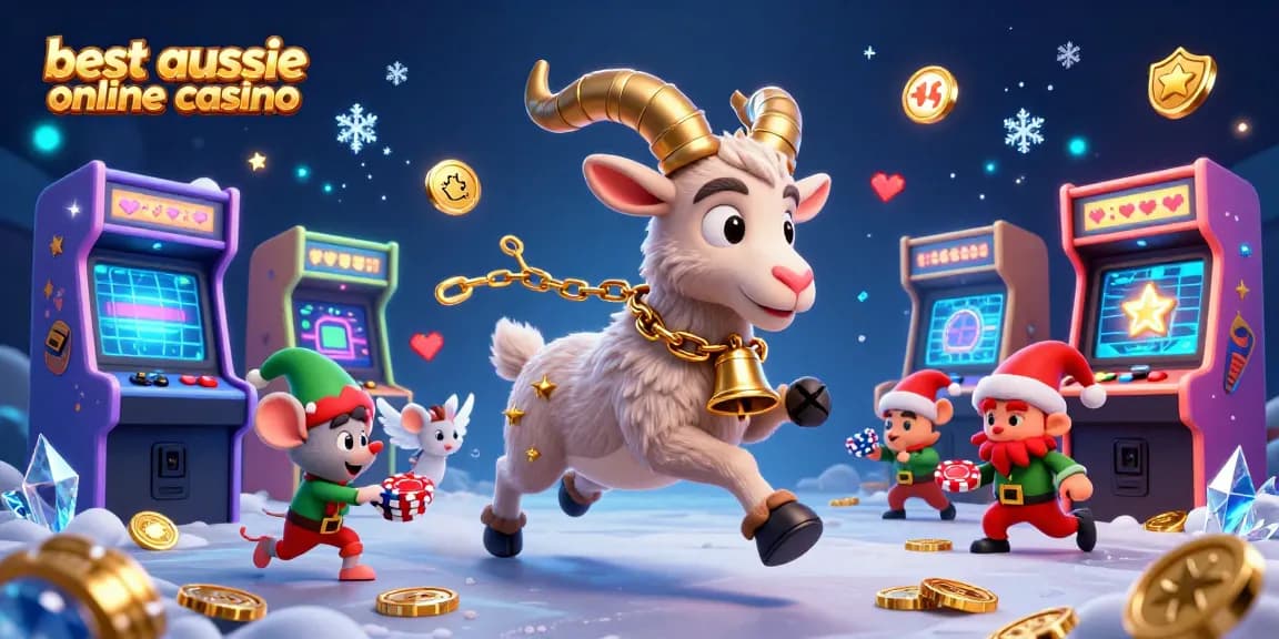 Engage with the best aussie online casino in this festive yet spooky 3D illustration showcasing Krampus, angel mouse, and gremlins.