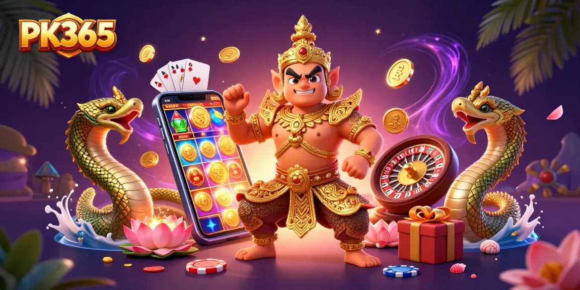 PK365 players enjoying vibrant slots and casino games in a dynamic, richly detailed scene