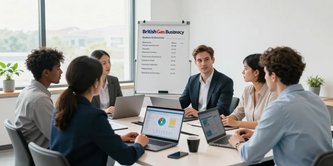 Diverse office team discussing British Gas business electricity options around a conference table, modern professional setting.