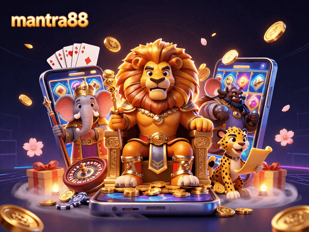 Experience the thrill of mantra88 with a vibrant 3D casino scene featuring dynamic game elements.