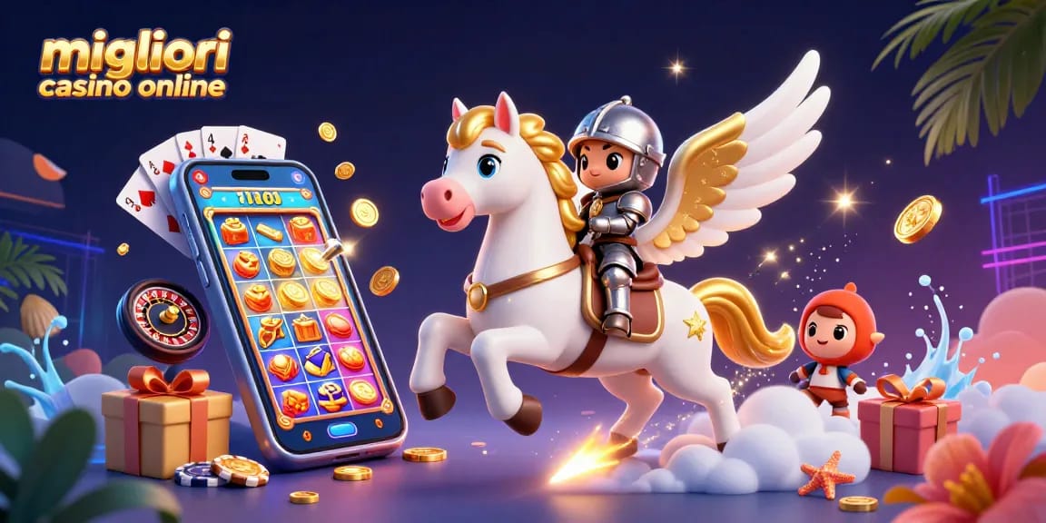 I migliori casino online offrono esperienze immersive tra giochi e premi, in un'illustrazione vivace.