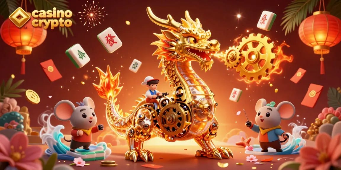 Célébrez votre victoire au casino en crypto avec une illustration riche en détails, mettant en scène un dragon extraordinaire et des éléments de jeu vibrants.