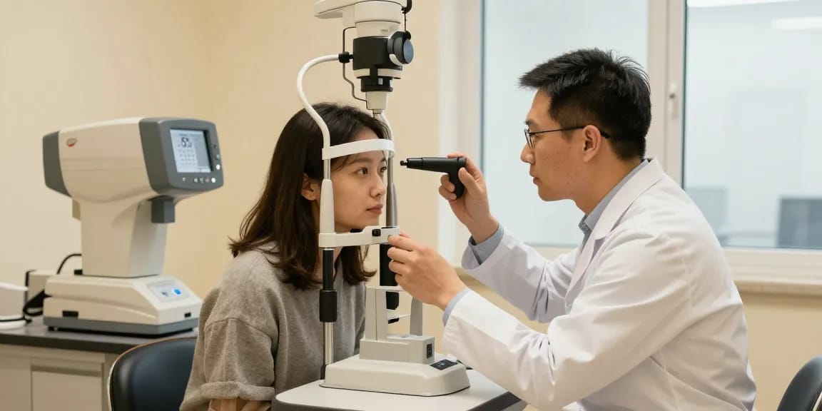 Detailed resource for eye care featuring advanced diagnostic equipment and patient examination at a modern clinic.