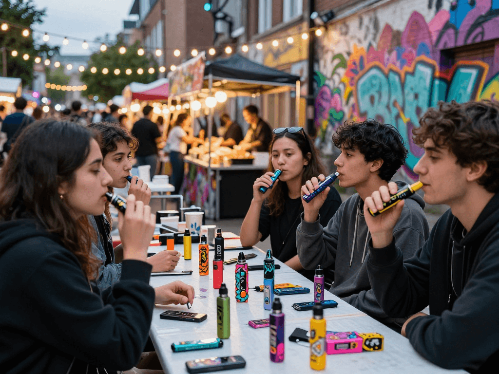 Friends sharing experiences with rokok 88 vaping products at vibrant street market.