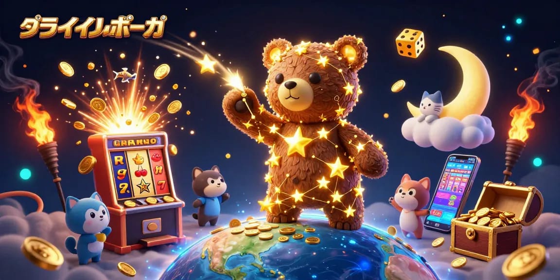 オンラインポーカーで遊び、星のクマがコインを集めるシーンを描いたイラスト。