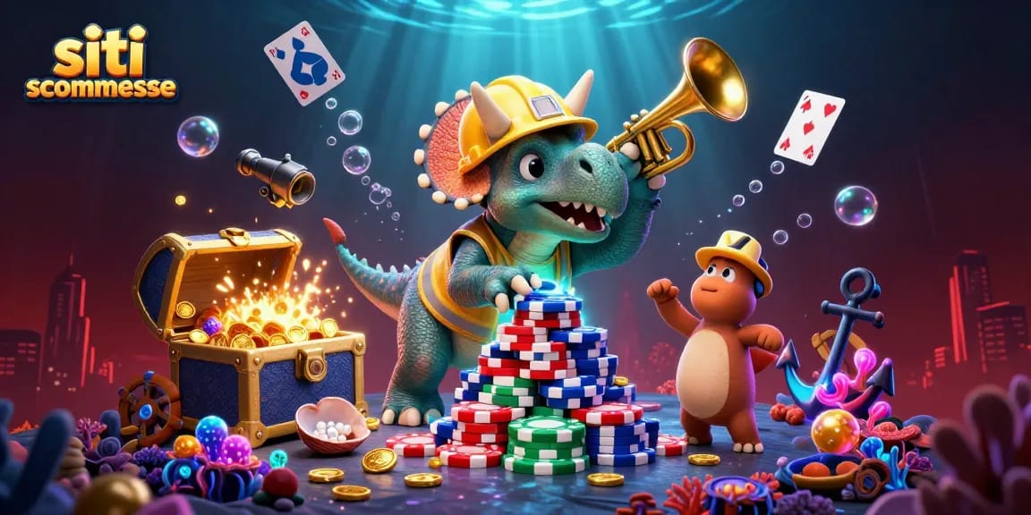 Siti scommesse: triceratopo che costruisce torri di poker chips con celebrazioni festose