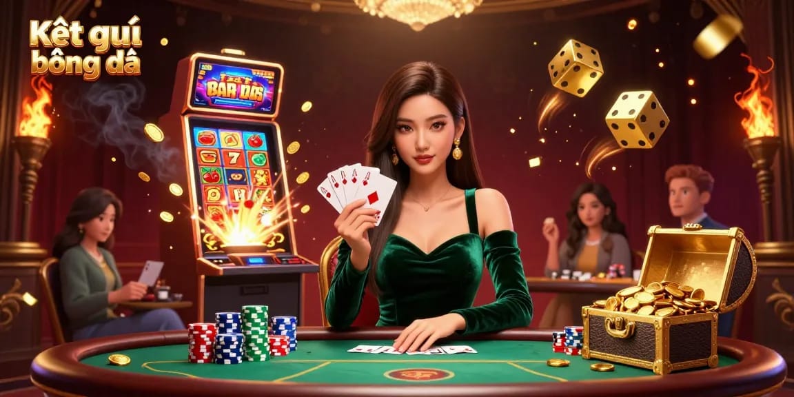 Kết quả bóng đá illustrated with a beautiful Asian woman focused on poker cards at a vibrant casino table.