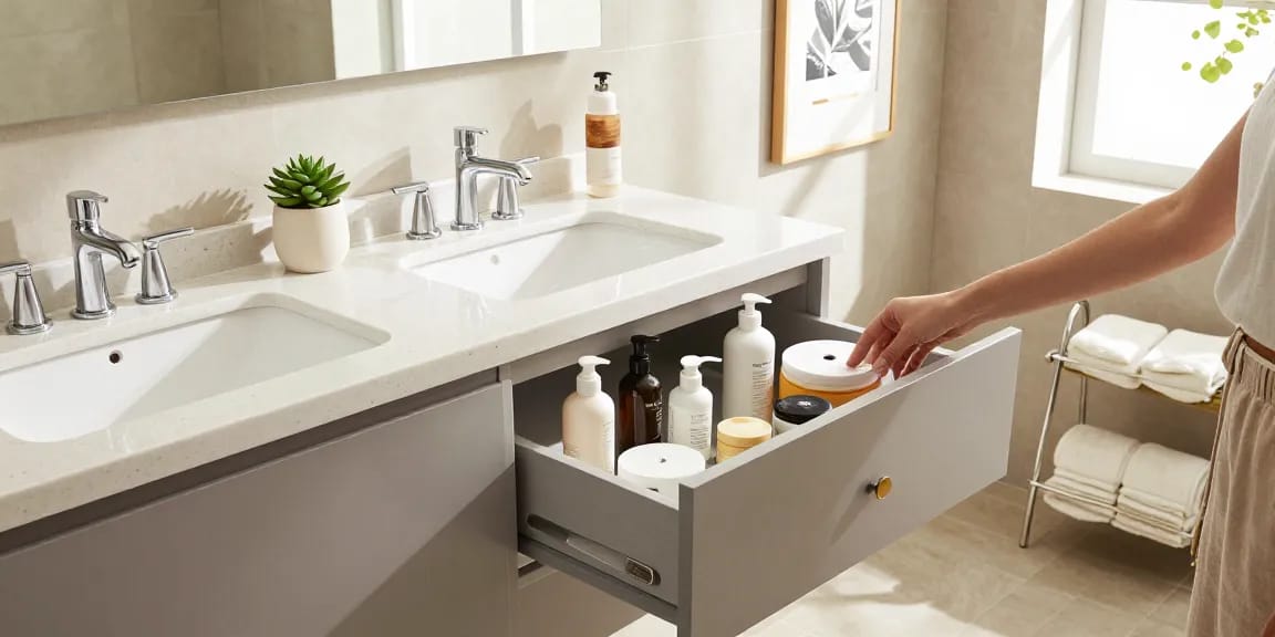 Elegant bathroom vanity with double sinks and quartz countertop, featuring spa-like arrangement.