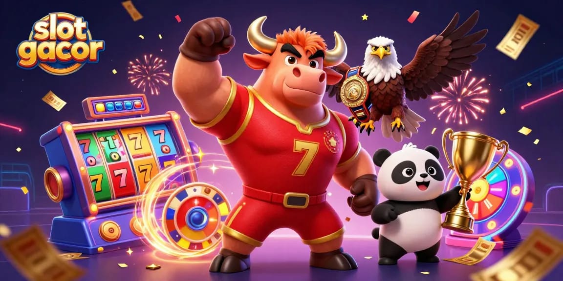 Engage with slot gacor promotions featuring a triumphant bull mascot, captivating reels, and a cheerful panda holding a trophy.
