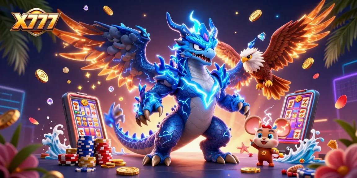 X777 game characters showcase dynamic spins and thrilling moments with vibrant casino elements in a packed scene.