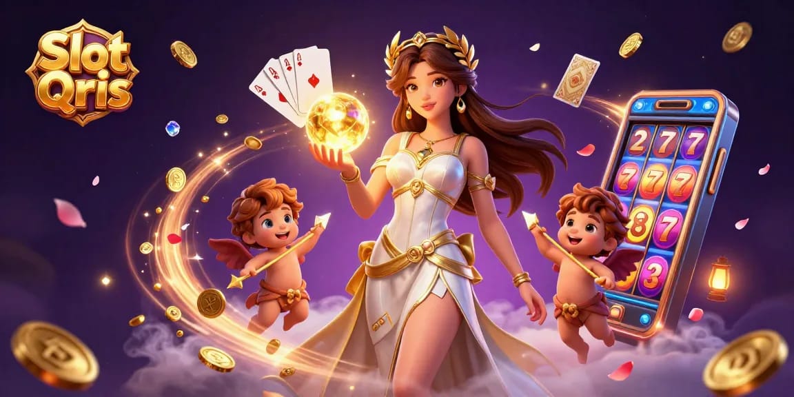 Experience the allure of Slot Qris with a captivating scene of a goddess, cherubs, and dazzling casino elements.