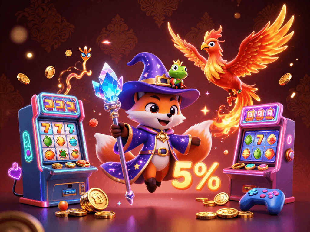 Engage in casino gaming excitement with a dazzling wizard fox and phoenix illustration.